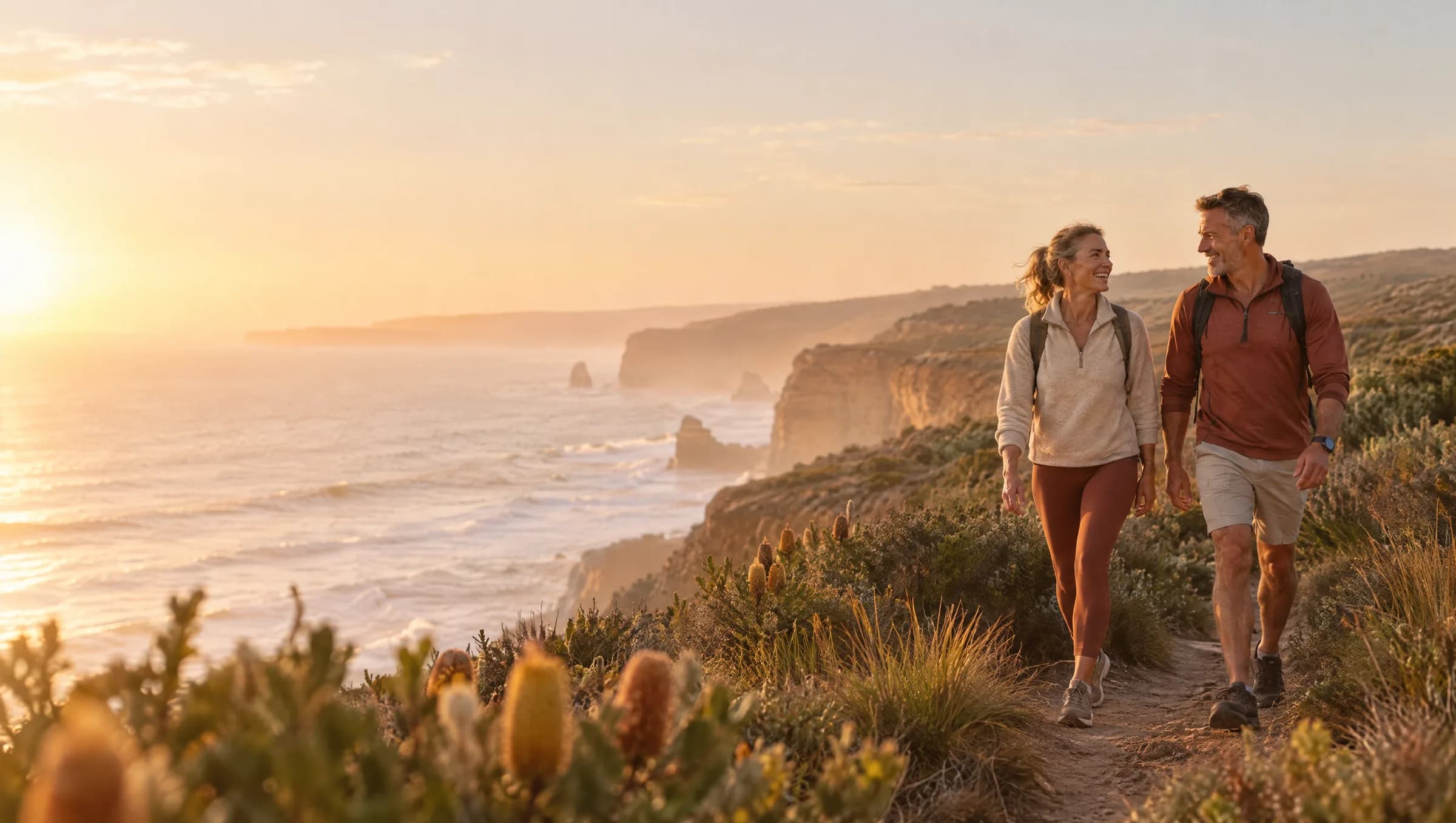 A couple in their fifties walking a coastal headland trail at sunrise