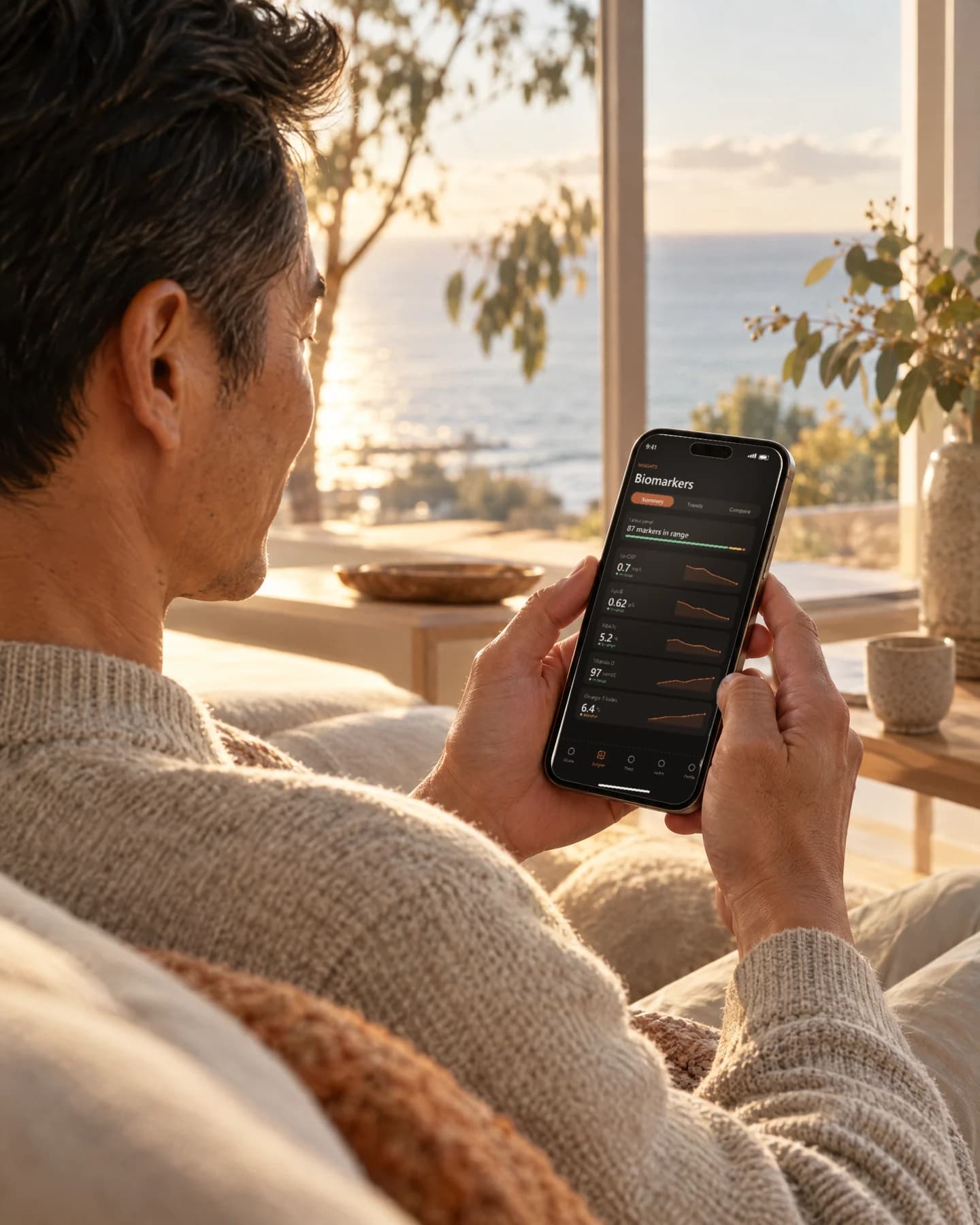A member reviewing their biomarker trends on a phone at home, golden hour by the coast