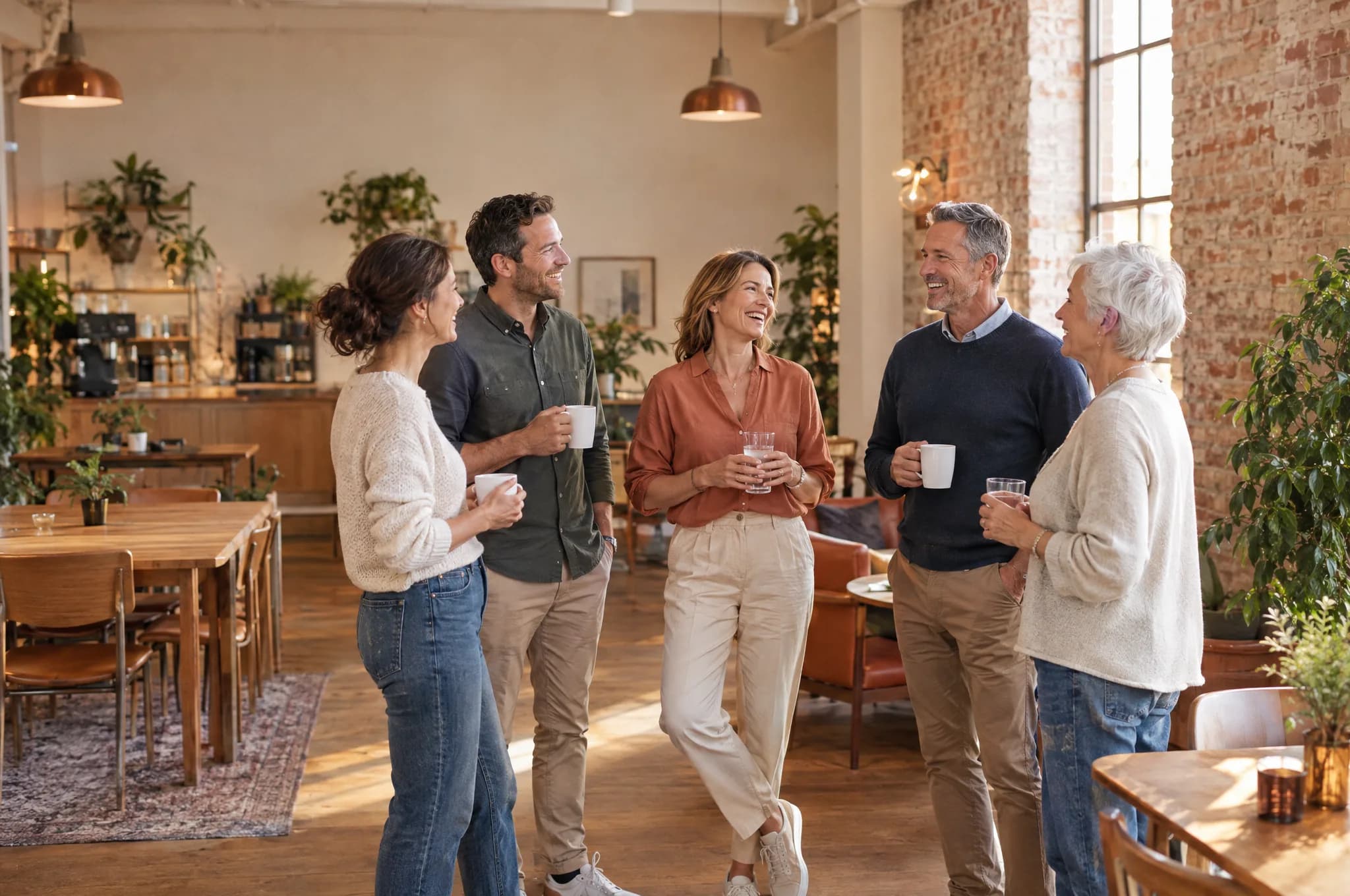 Members of different ages chatting over coffee at a relaxed member meetup
