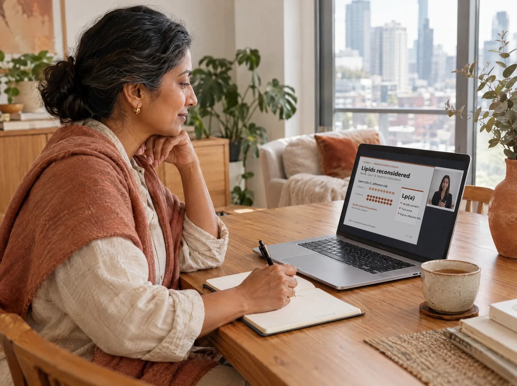 A member following a Longevity Program lesson on her laptop at home